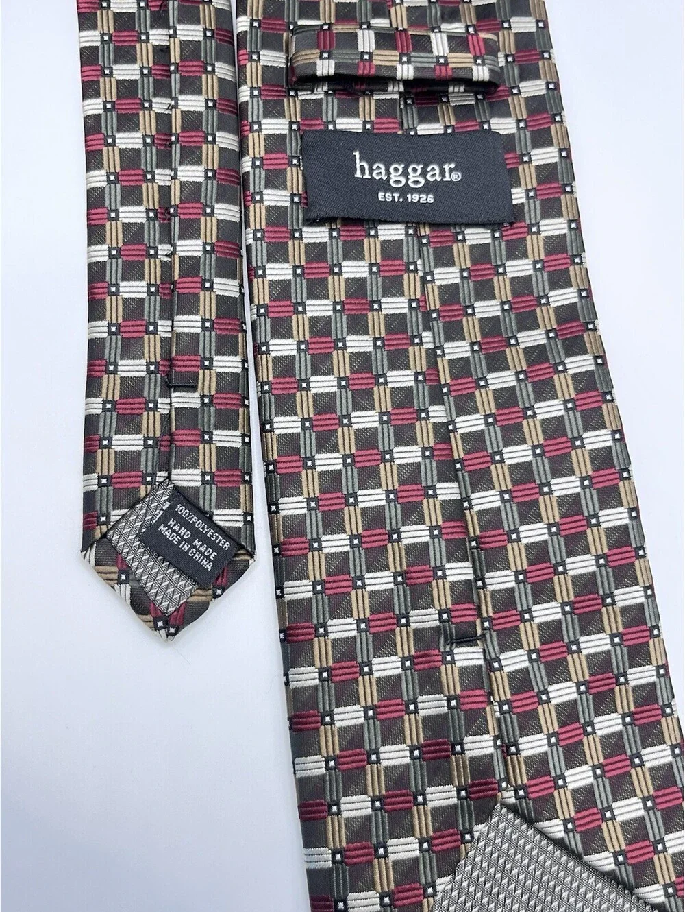 Haggar Red Brown Ties Squares Classic 3.5